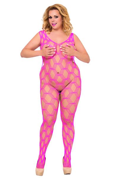 Plus Size Netz-Catsuit ouvert in Pink